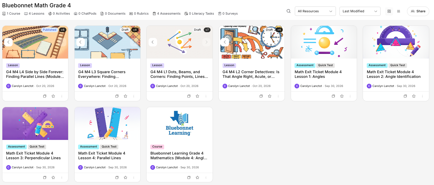 Kira platform showing the Bluebonnet Learning Grade 4 math course with lessons and exit tickets