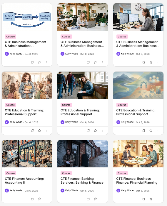 Kira platform cards for CTE business management, education and training, and finance courses