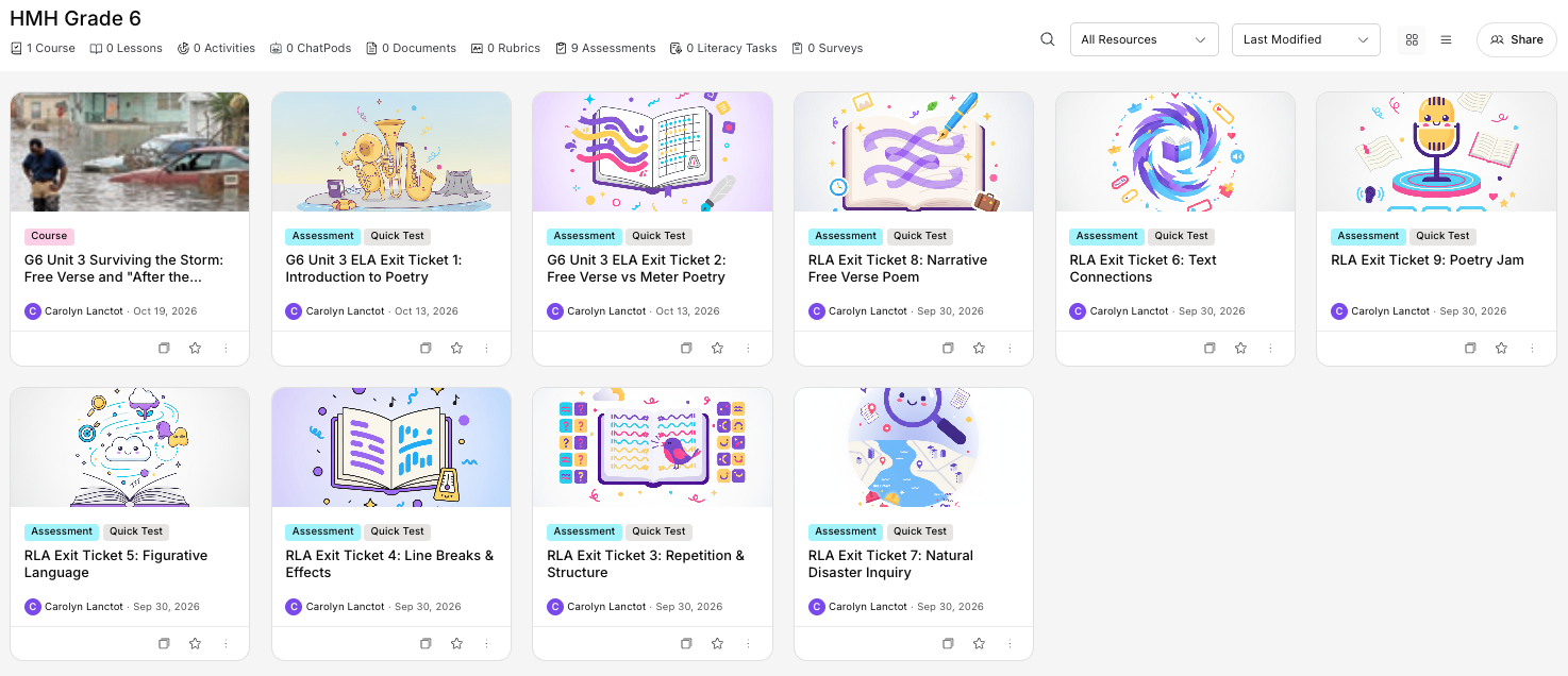 Kira platform view of a Grade 6 course with unit lessons and assessments