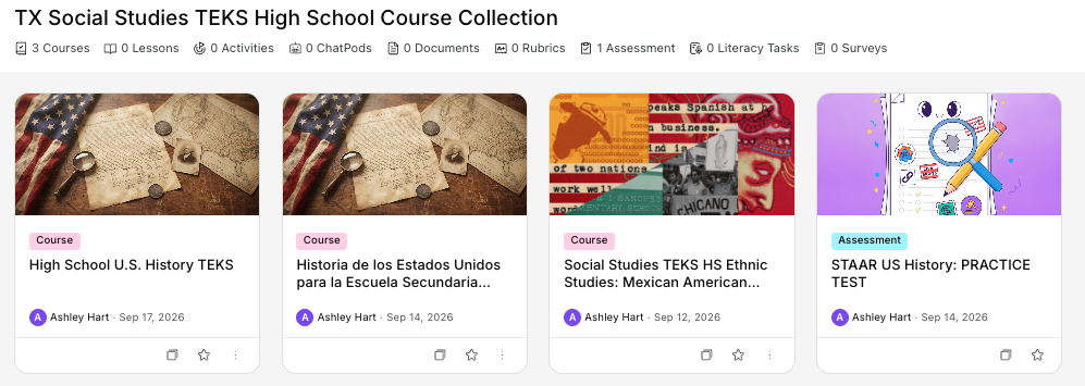 Kira platform view of Texas high school social studies TEKS course collection