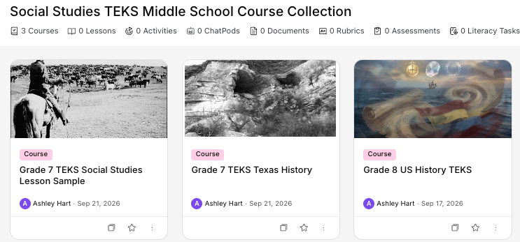 Kira platform view of Texas middle school social studies TEKS course collection