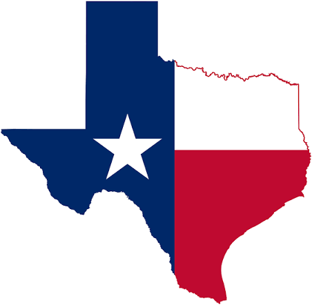Map of Texas in the state flag colors